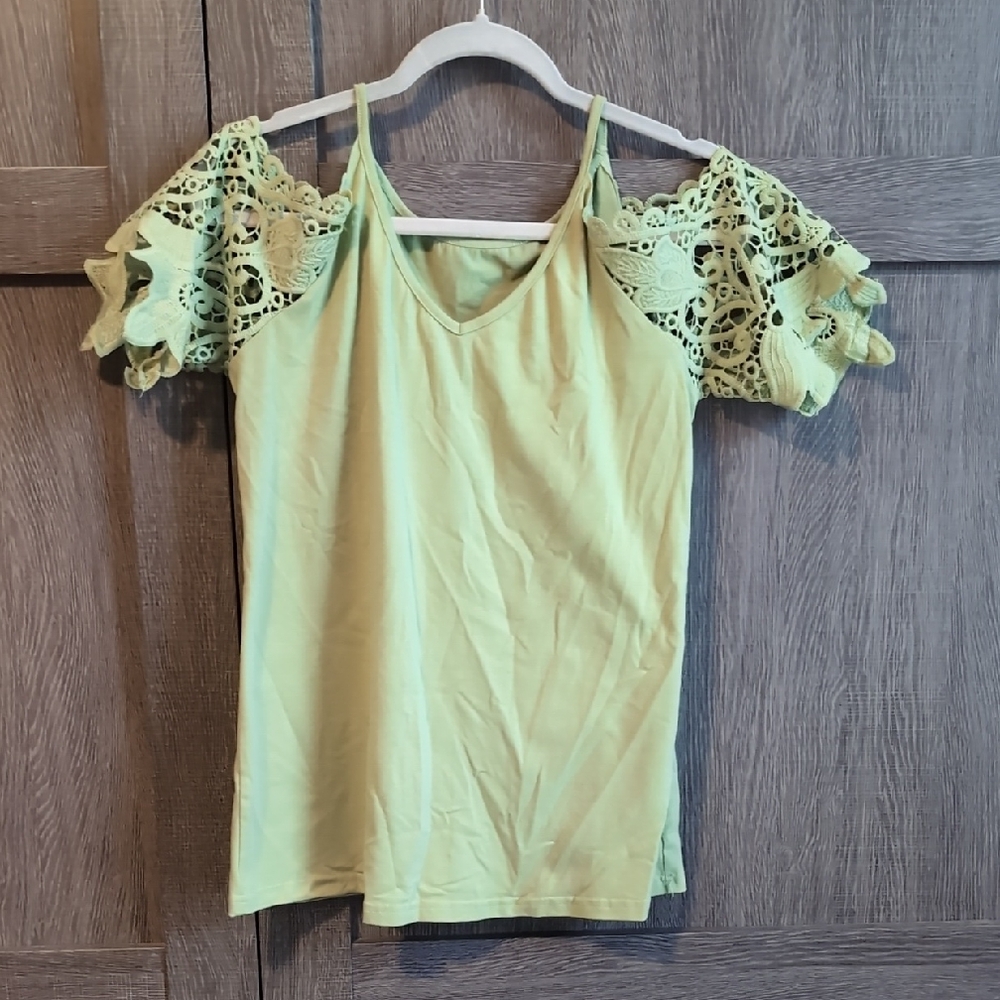 Lace Sleeve Cold Shoulder Top - Green